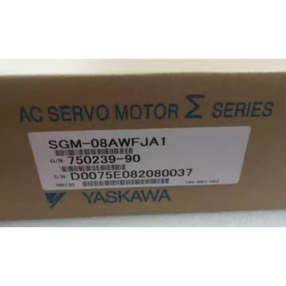 Yaskawa SGM-08AWFJA1 AC Servo Motor box. Features model, serial, and brand info. AC Servo Motor Series.