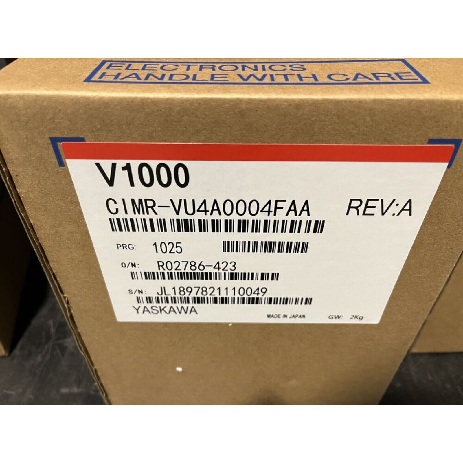 YASKAWA V1000 CIMR-VU4A0004FAA Inverter shipping box. Industrial automation part, Made in Japan.