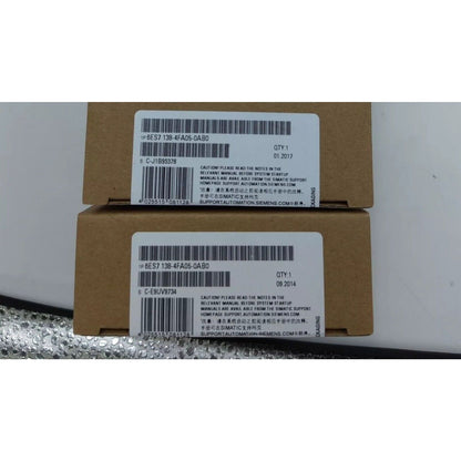 Siemens 6ES7 138-4FA05-0AB0 SIMATIC ET 200S DP ELECTRON Module packaging, featuring product information and caution notices.