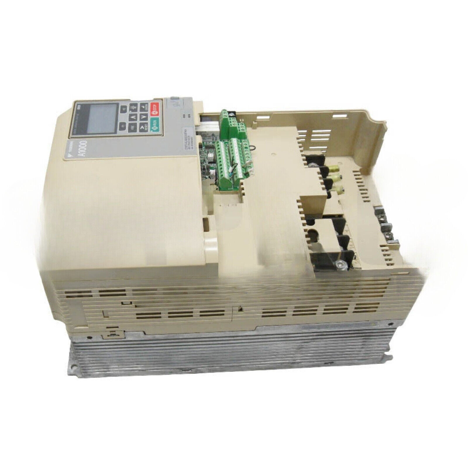 YASKAWA A1000 AC Drive, beige and gray, with interface panel and internal components visible, industrial automation equipment