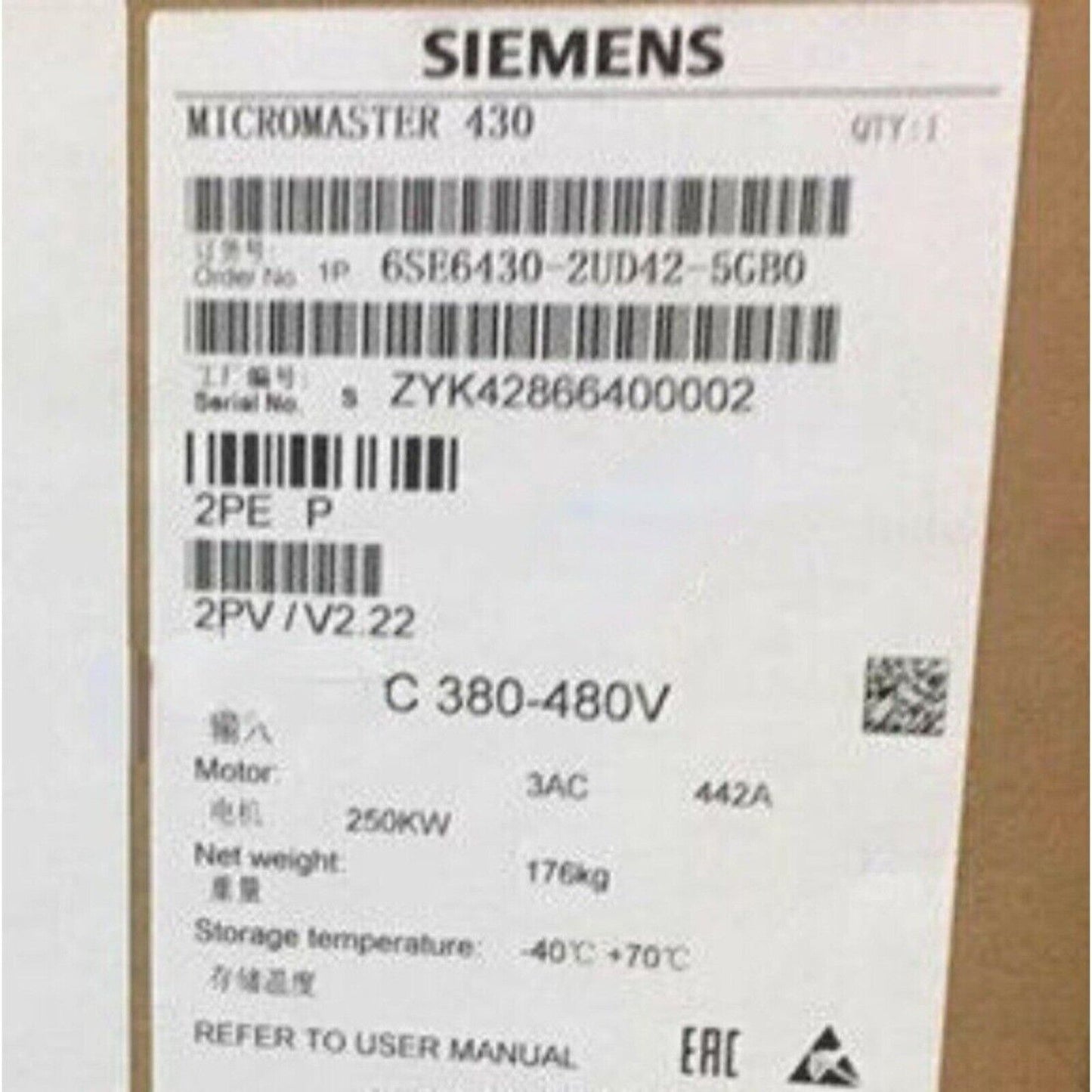 Siemens MICROMASTER 430 Frequency Inverter Label, Model 6SE6430-2UD42-5GB0, Industrial Automation