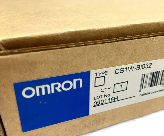 Omron CS1W-BI032 PLC Module in its original packaging, with product information label visible
