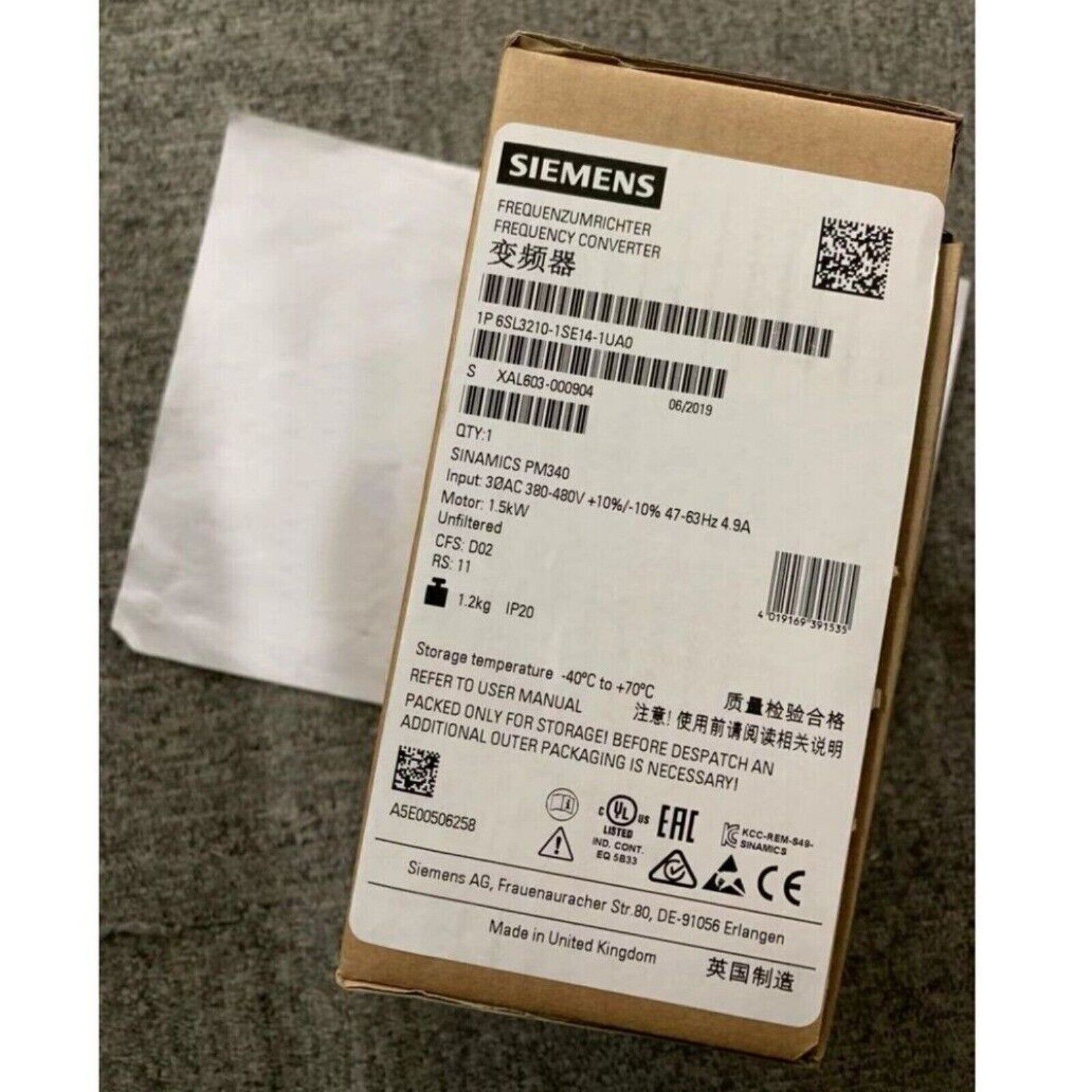 Siemens SINAMICS PM340 frequency converter packaging, model 6SL3210-1SE14-1UA0, industrial automation equipment.