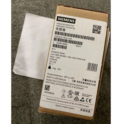 Siemens SINAMICS PM340 frequency converter packaging, model 6SL3210-1SE14-1UA0, industrial automation equipment.