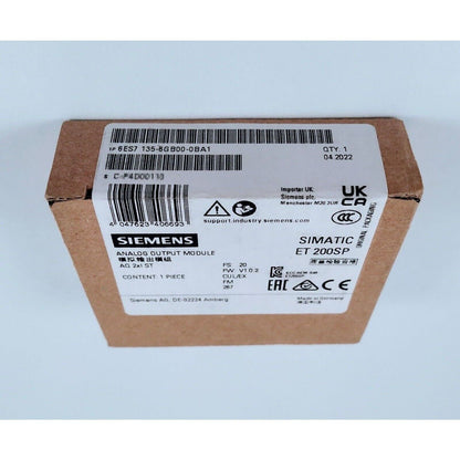 Siemens SIMATIC ET 200SP Analog Output Module box, part number 6ES7135-6GB00-0BA1, industrial automation component.