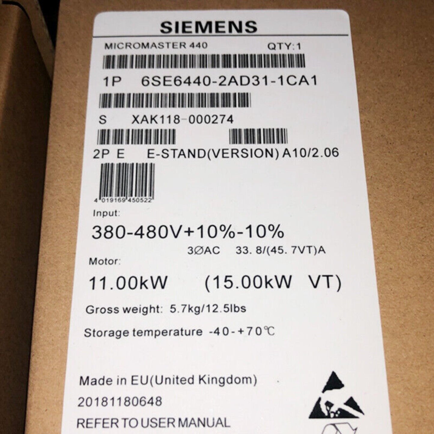 Siemens MICROMASTER 440 drive 6SE6440-2AD31-1CA1 label, industrial automation details: input, motor, and specs.
