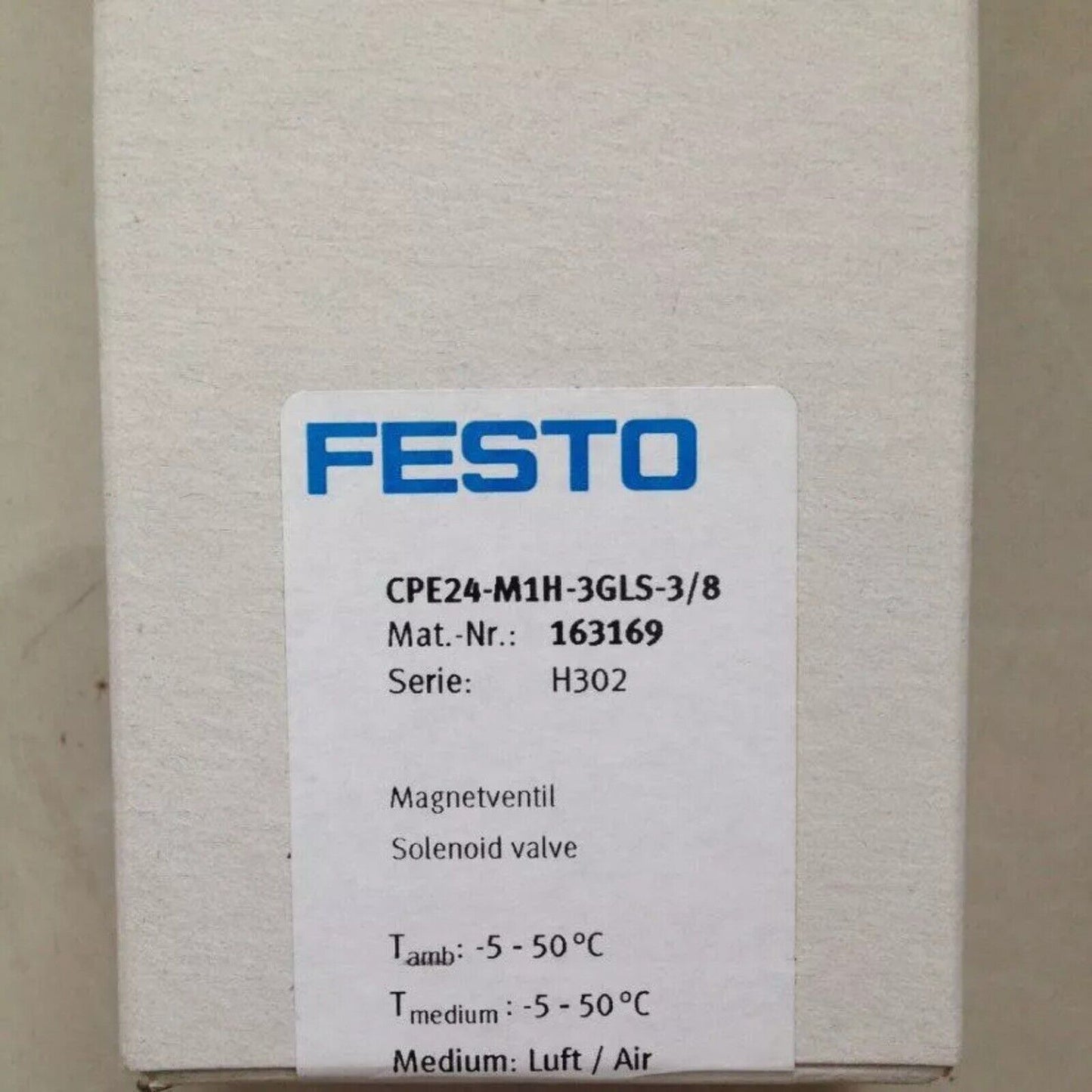 Festo CPE24-M1H-3GLS-3/8 Solenoid Valve with technical details on packaging.