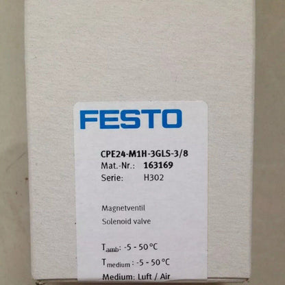 Festo CPE24-M1H-3GLS-3/8 Solenoid Valve with technical details on packaging.
