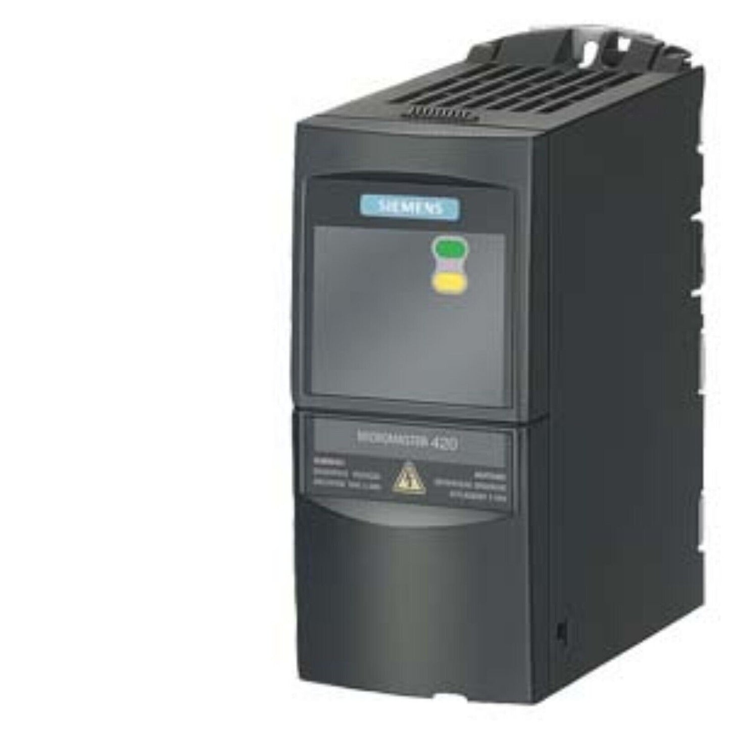 Siemens MICROMASTER 420 variable frequency drive. Black enclosure with display and control panel.