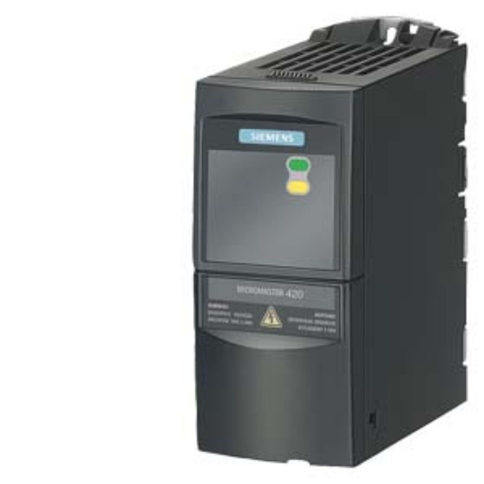 Siemens MICROMASTER 420 variable frequency drive. Black enclosure with display and control panel.