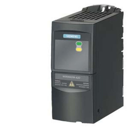 Siemens MICROMASTER 420 variable frequency drive. Black enclosure with display and control panel.