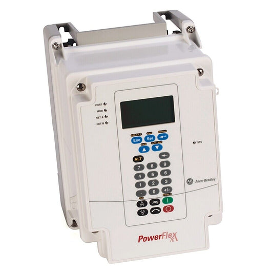 Allen-Bradley PowerFlex 70 AC Drive control panel, white with keypad and LCD screen, industrial automation equipment.