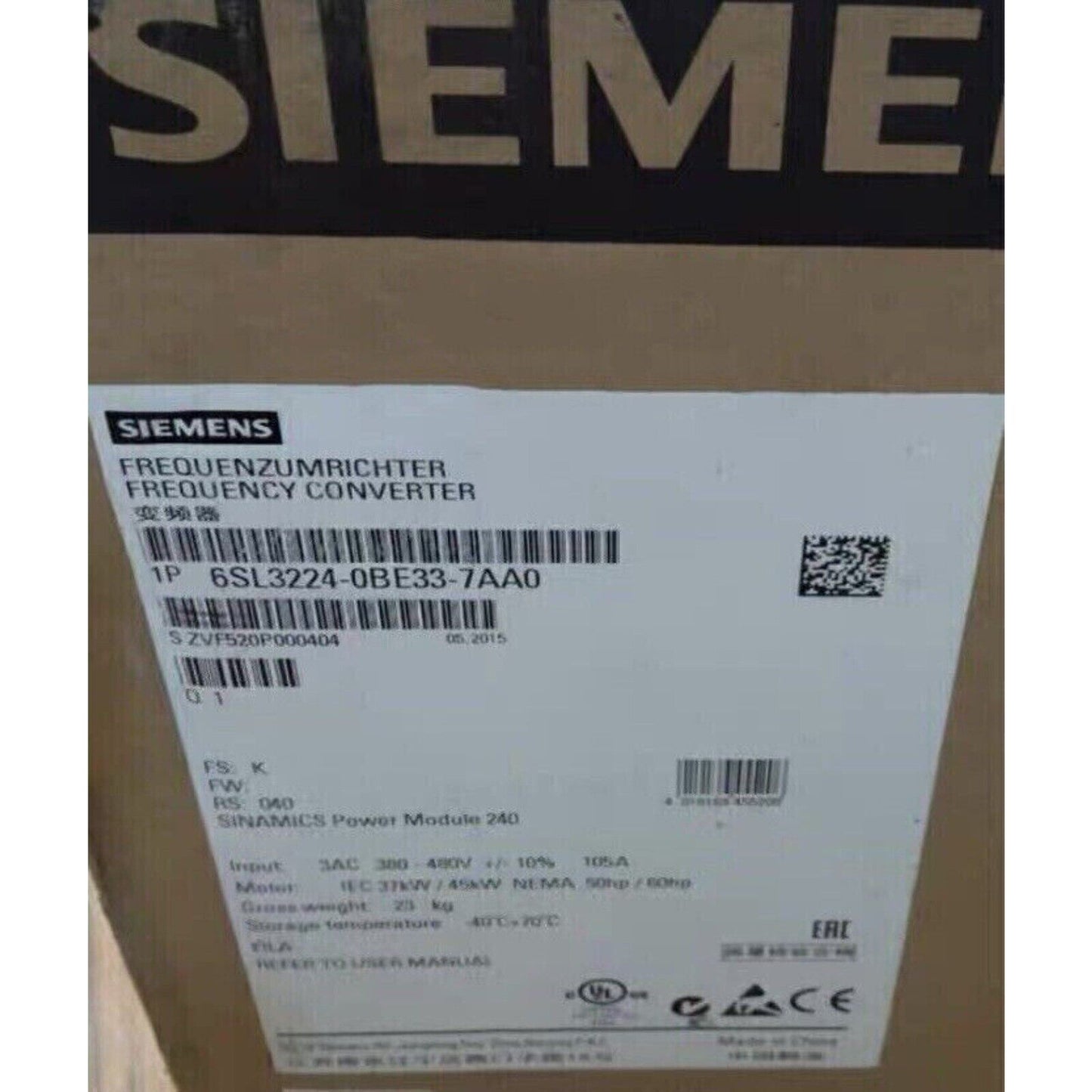Siemens SINAMICS G120 PM240 Frequency Converter label, product part 6SL3224-0BE33-7AA0