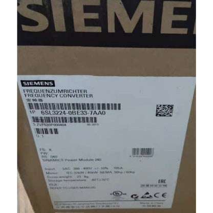 Siemens SINAMICS G120 PM240 Frequency Converter label, product part 6SL3224-0BE33-7AA0