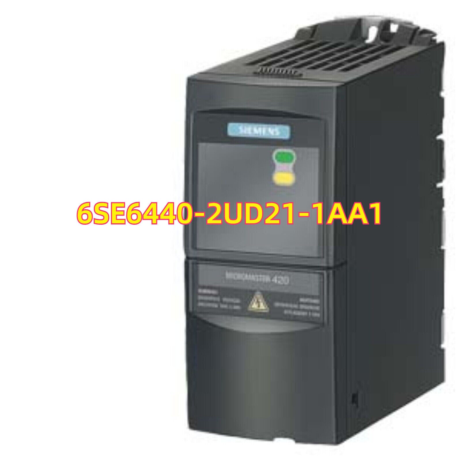 Siemens MICROMASTER 440 VFD, model 6SE6440-2UD21-1AA1, black enclosure for motor control applications.