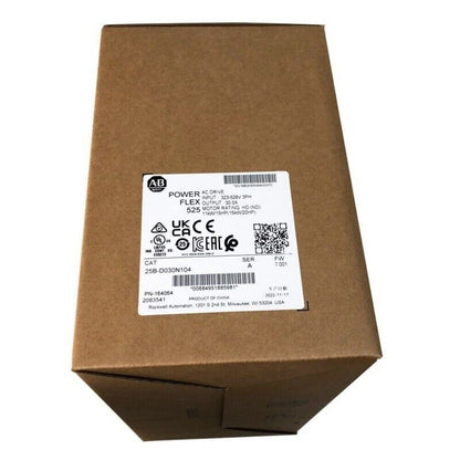Allen-Bradley PowerFlex 525 AC drive box, 25B-D030N104 model, product information label, industrial automation part