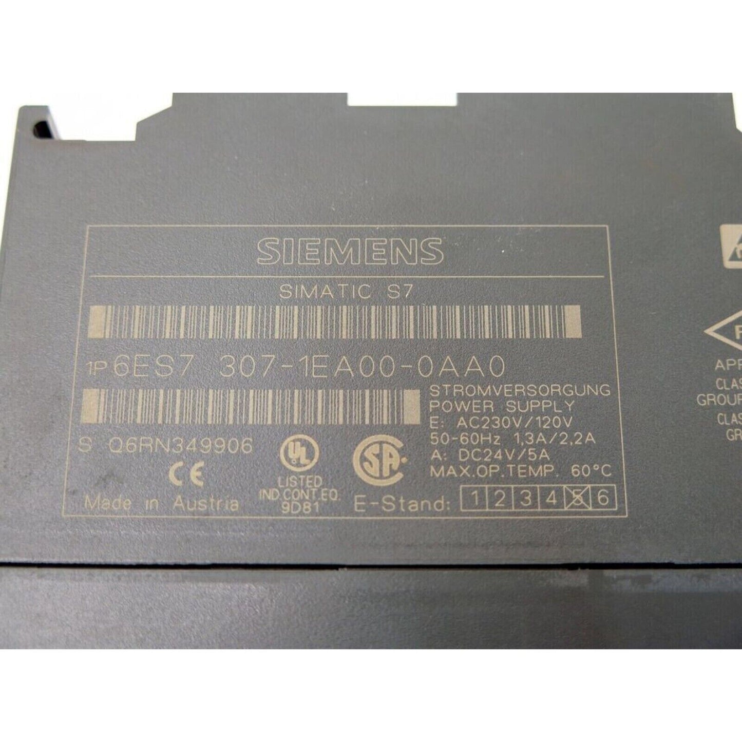 Siemens SIMATIC S7-300 PS307 power supply unit, 6ES7 307-1EA00-0AA0, industrial automation equipment, gray color.