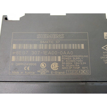 Siemens SIMATIC S7-300 PS307 power supply unit, 6ES7 307-1EA00-0AA0, industrial automation equipment, gray color.