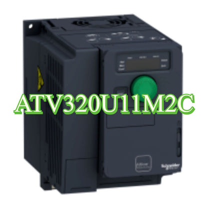 Schneider Altivar Machine ATV320U11M2C frequency inverter, dark gray unit with green button, product detail.