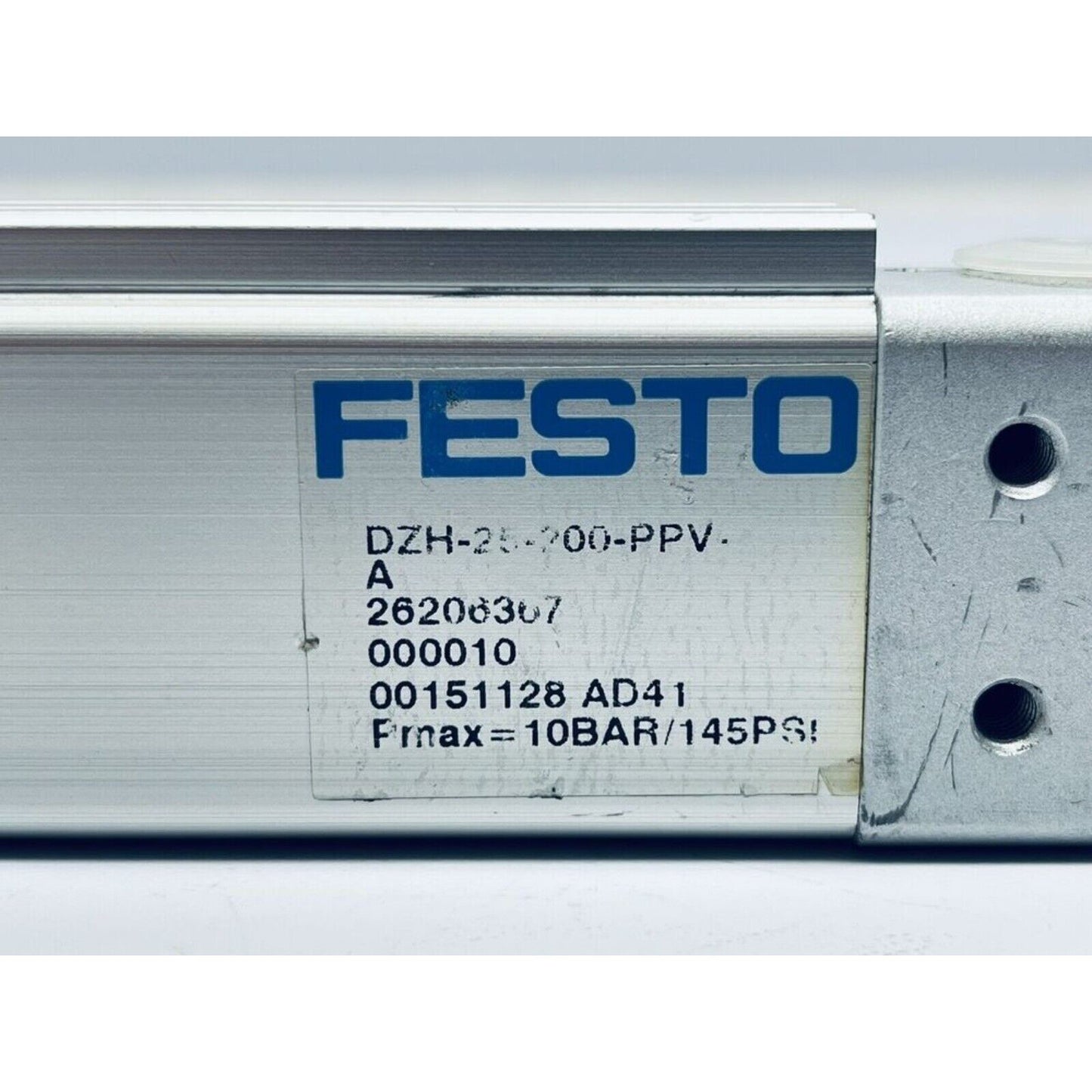 Festo DZH-25-200-PPV-A flat cylinder. Silver pneumatic cylinder with label, industrial automation part.