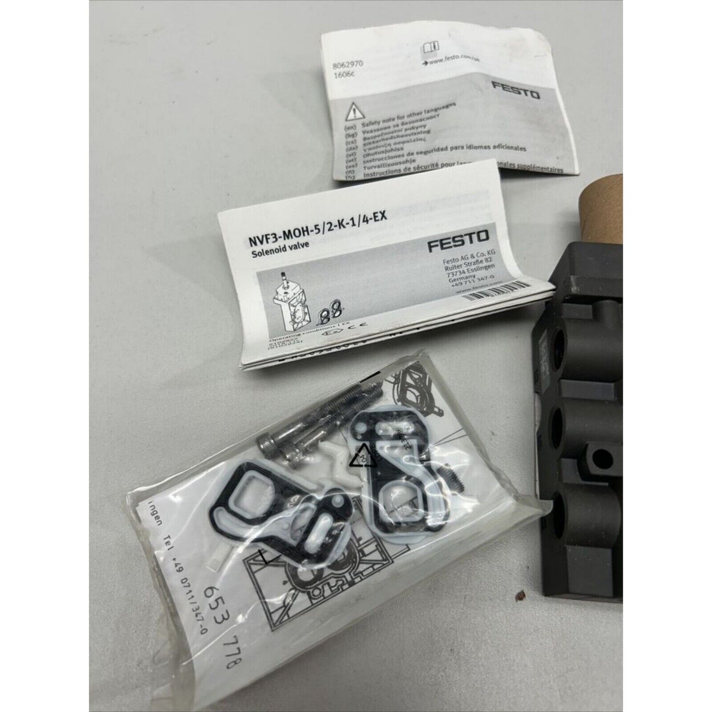 FESTO NVF3-MOH-5/2-K-1/4-EX Solenoid Valve, industrial automation part, with documentation and accessories.