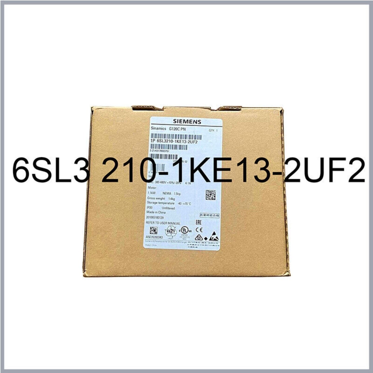 Siemens SINAMICS G120C 6SL3210-1KE13-2UF2 drive in cardboard box, product packaging.