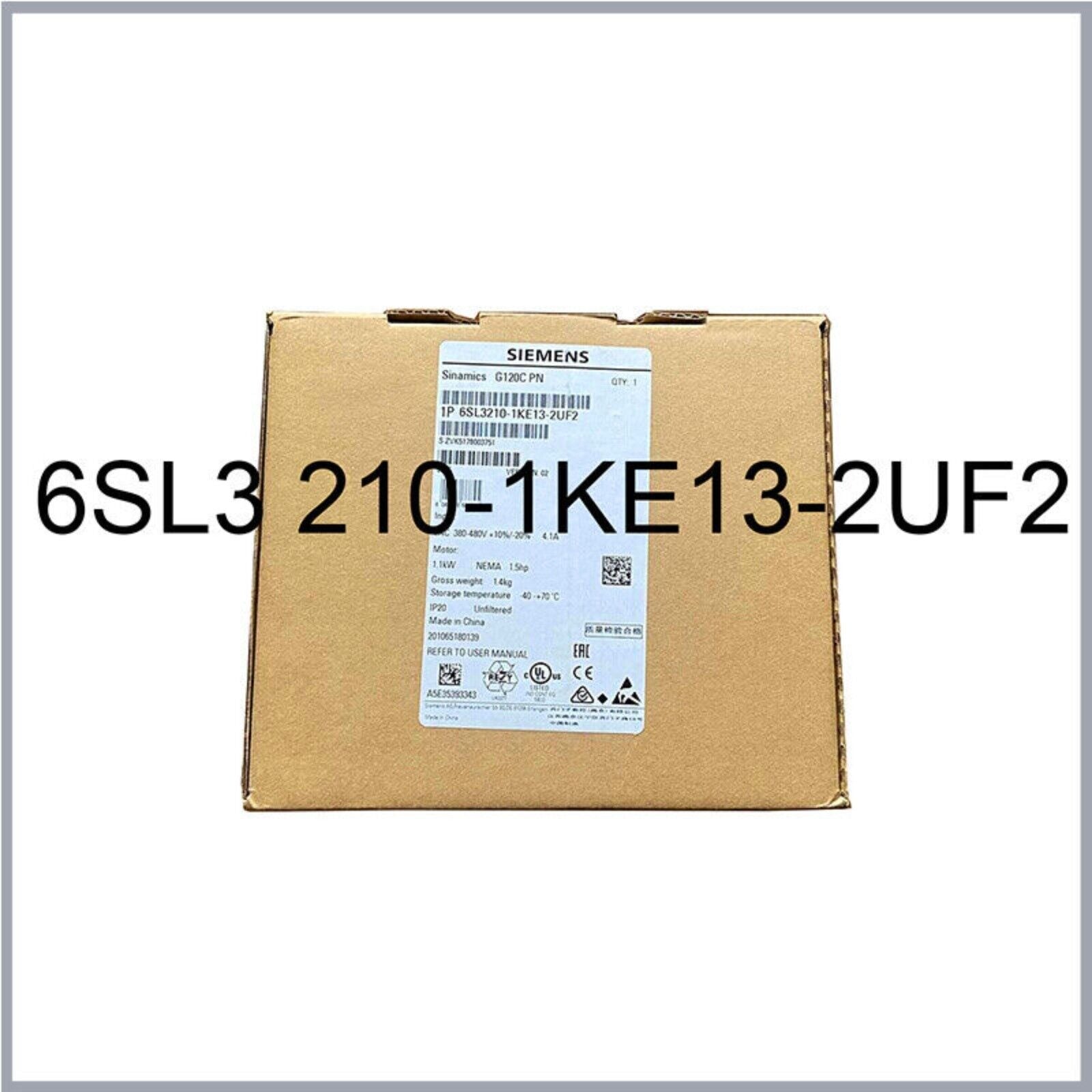 Siemens SINAMICS G120C 6SL3210-1KE13-2UF2 drive in cardboard box, product packaging.