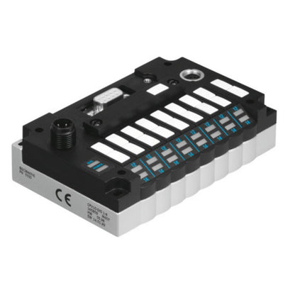 Festo CPV10-010 1-8 Electrical Interface Controller. Black and white industrial component with label indicators and port.