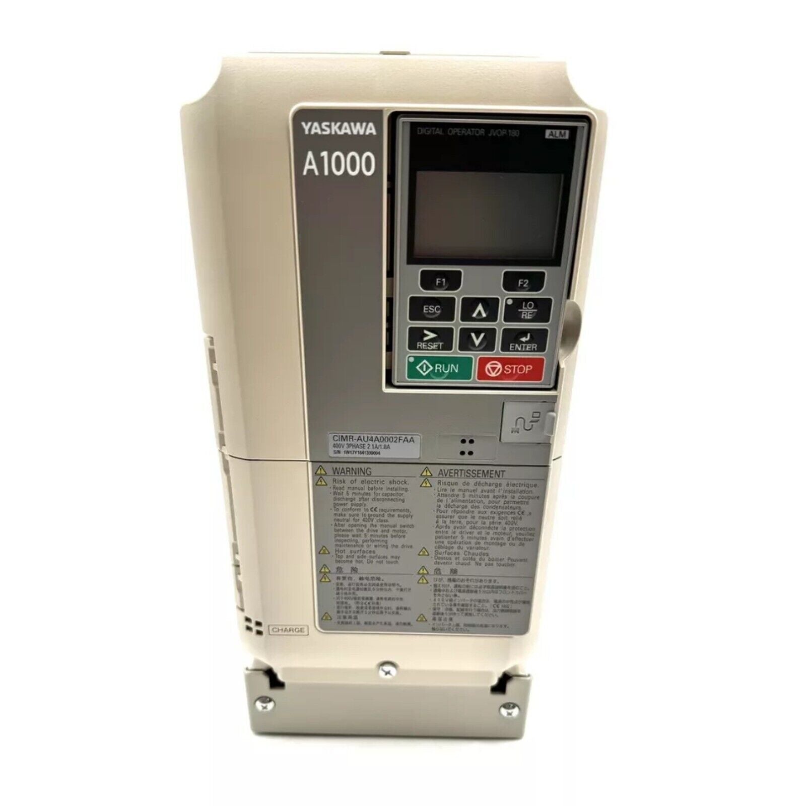 YASKAWA A1000 AC Drive CIMR-AU4A0002FAA, beige industrial automation equipment with control panel.
