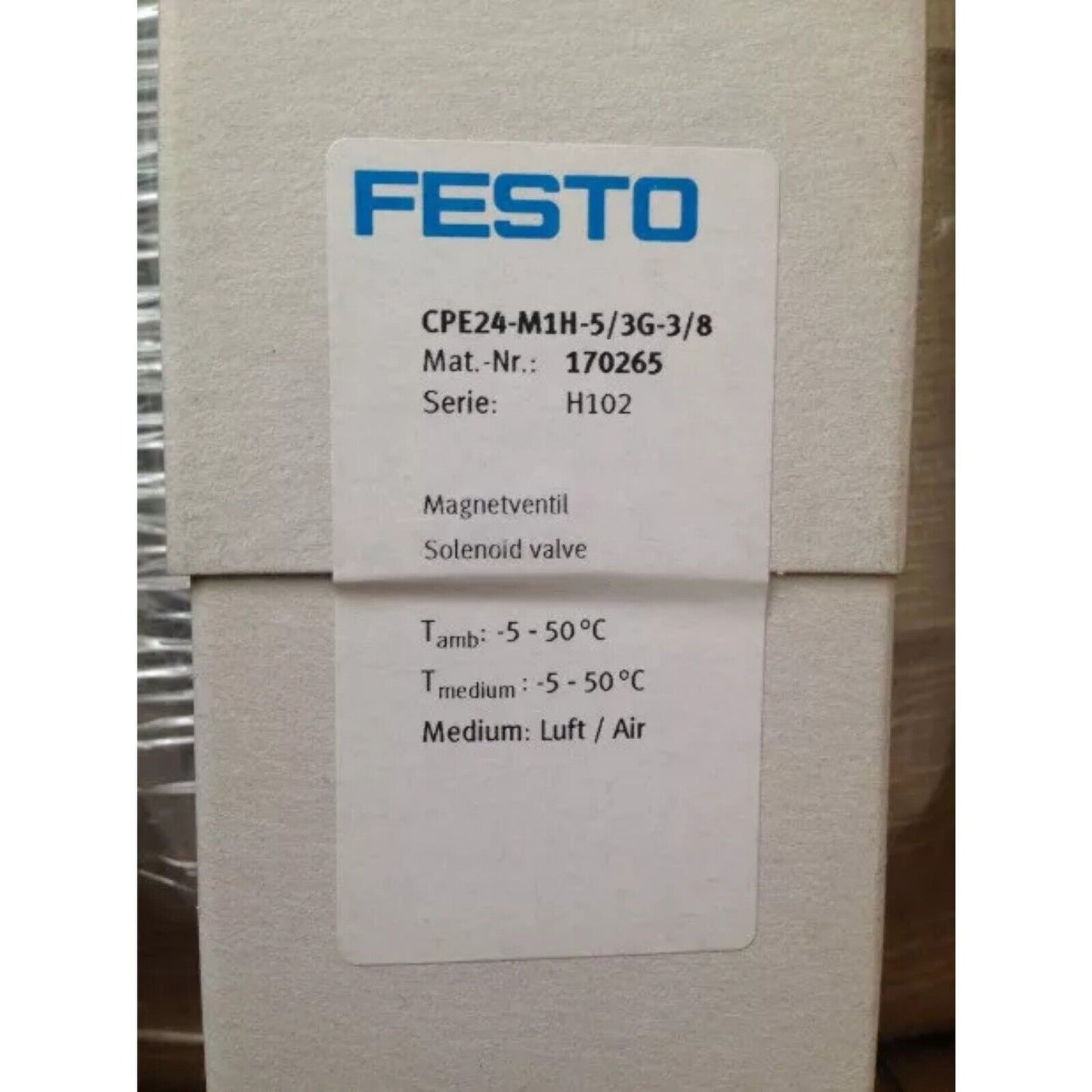 FESTO CPE24-M1H-5/3G-3/8 Solenoid Valve Label, industrial automation part, temperature range -5 to 50°C