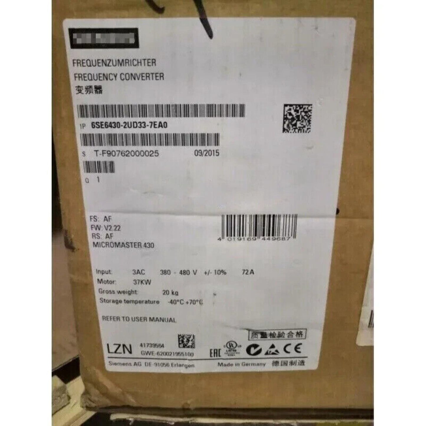 Siemens MICROMASTER 430 Variable Frequency Converter, model 6SE6430-2UD33-7EA0, industrial automation part
