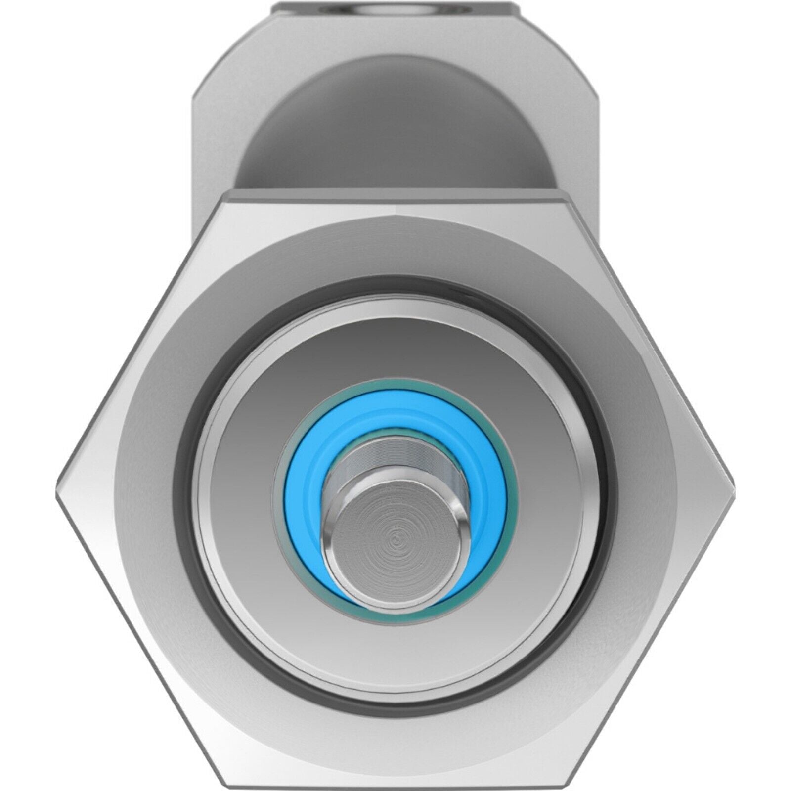Festo DSNU-20-150-PPV-A ISO standard cylinder, pneumatic automation part, stainless steel with blue seal.