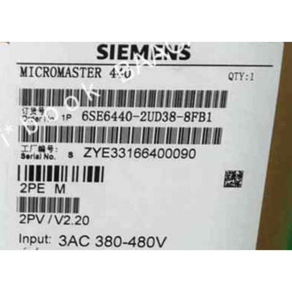 Siemens MICROMASTER 440 drive label with model number 6SE6440-2UD38-8FB1, industrial automation part.
