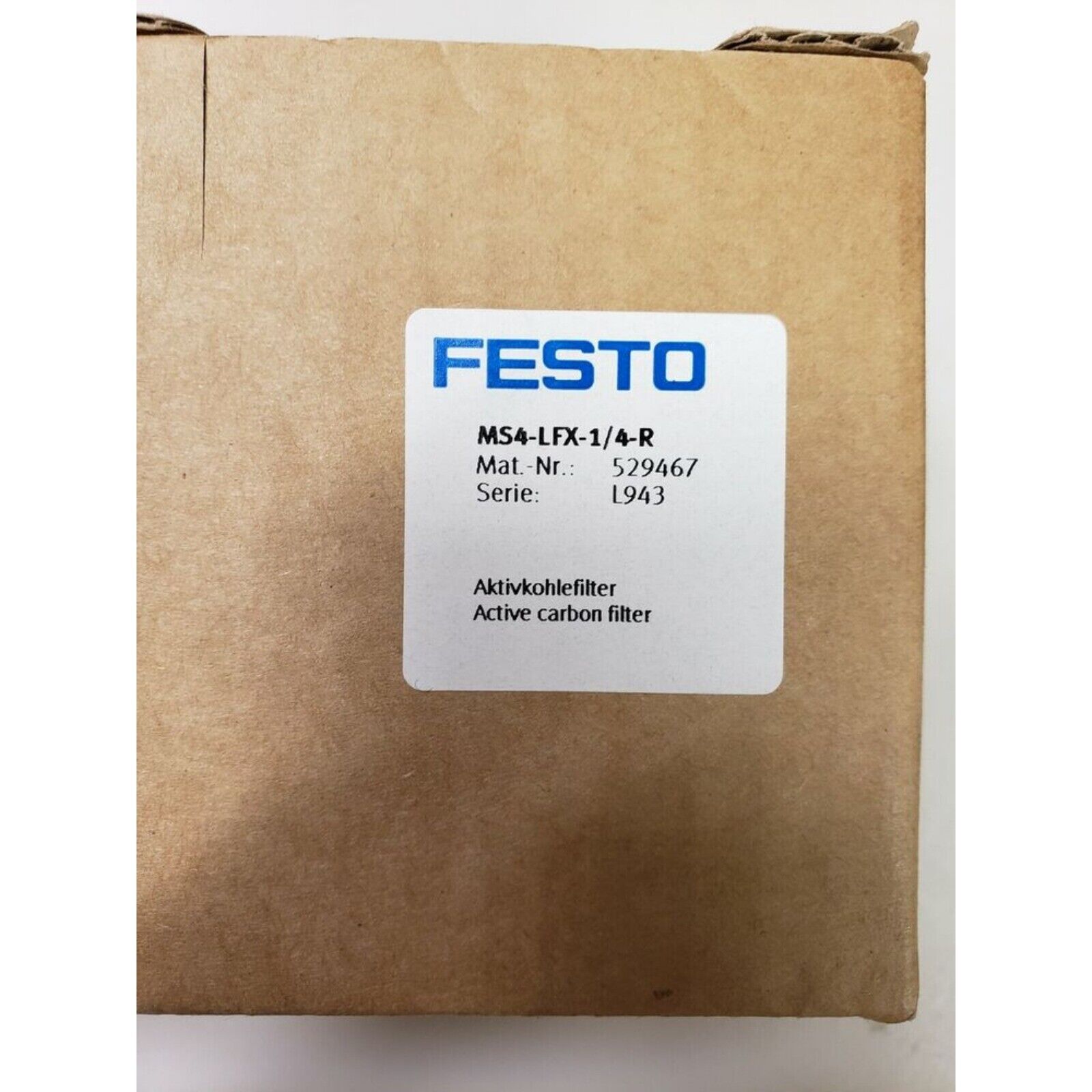 Festo MS4-LFX-1/4-R Active Carbon Filter in box, industrial pneumatic component.