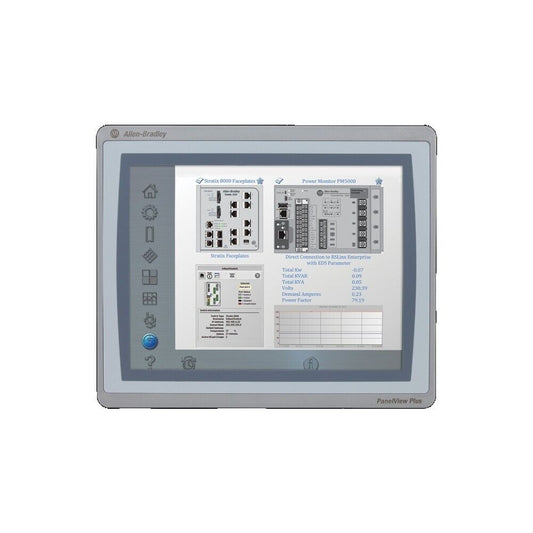 PanelView Plus 7 touchscreen display by Allen-Bradley, showing Stratix 8000 and Power Monitor data for industrial control.