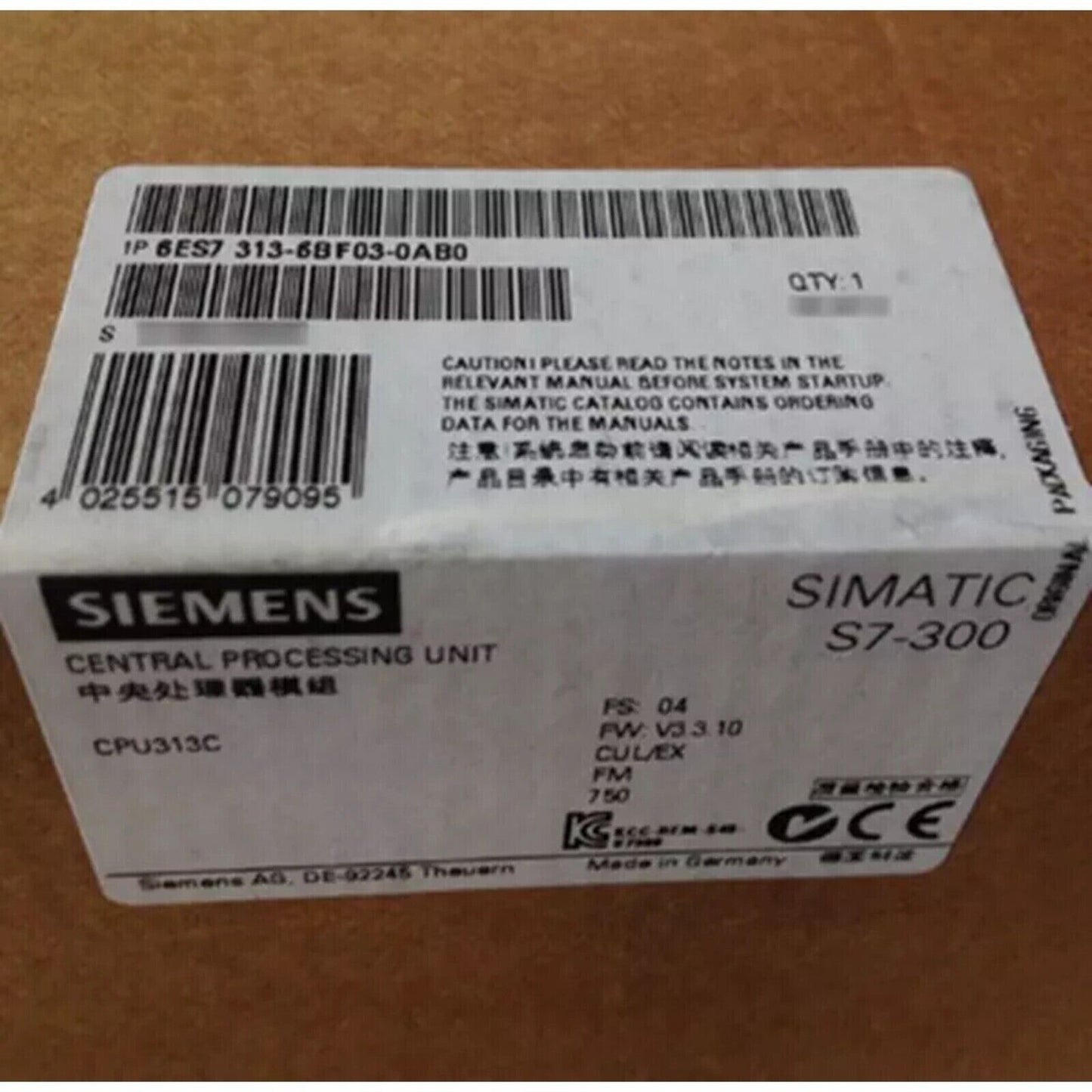 Siemens SIMATIC S7-300 CPU 313C-2 PTP PLC module packaging, product code 6ES7313-6BF03-0AB0, Made in Germany.