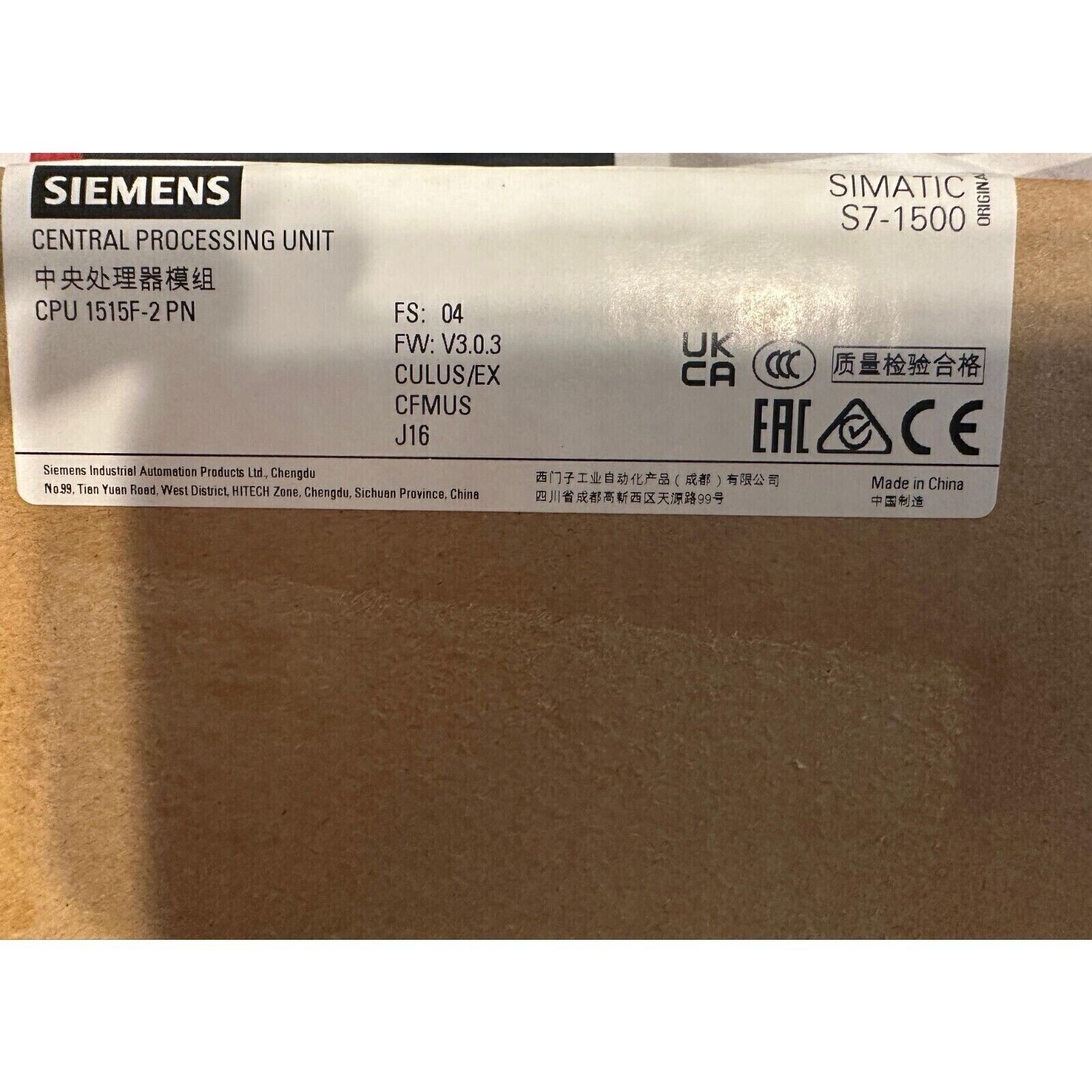 Siemens SIMATIC S7-1500 CPU 1515F-2 PN central processing unit, industrial automation part, product label details.