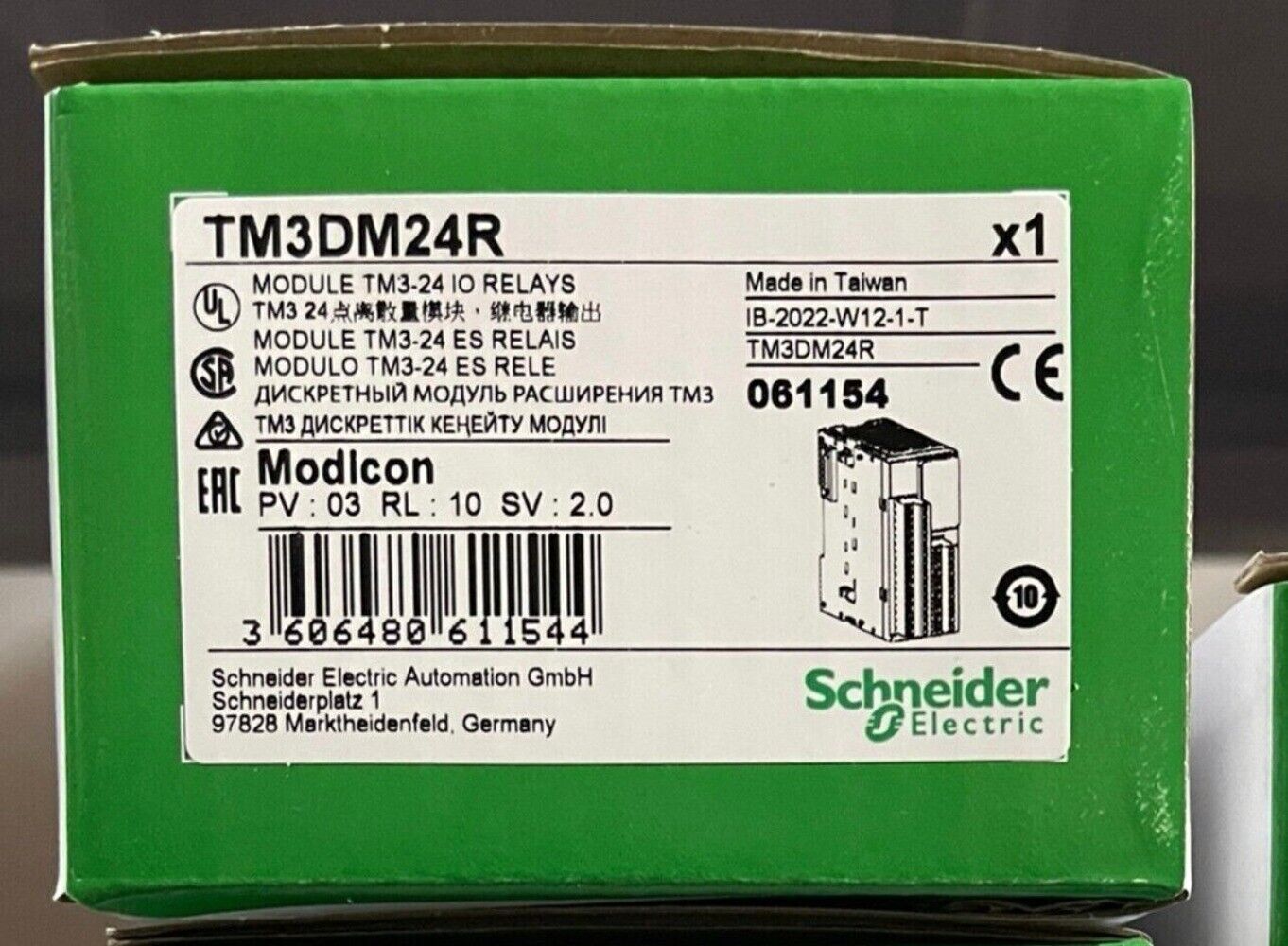 Schneider Electric TM3DM24R PLC Module - Industrial automation part, Made in Taiwan.
