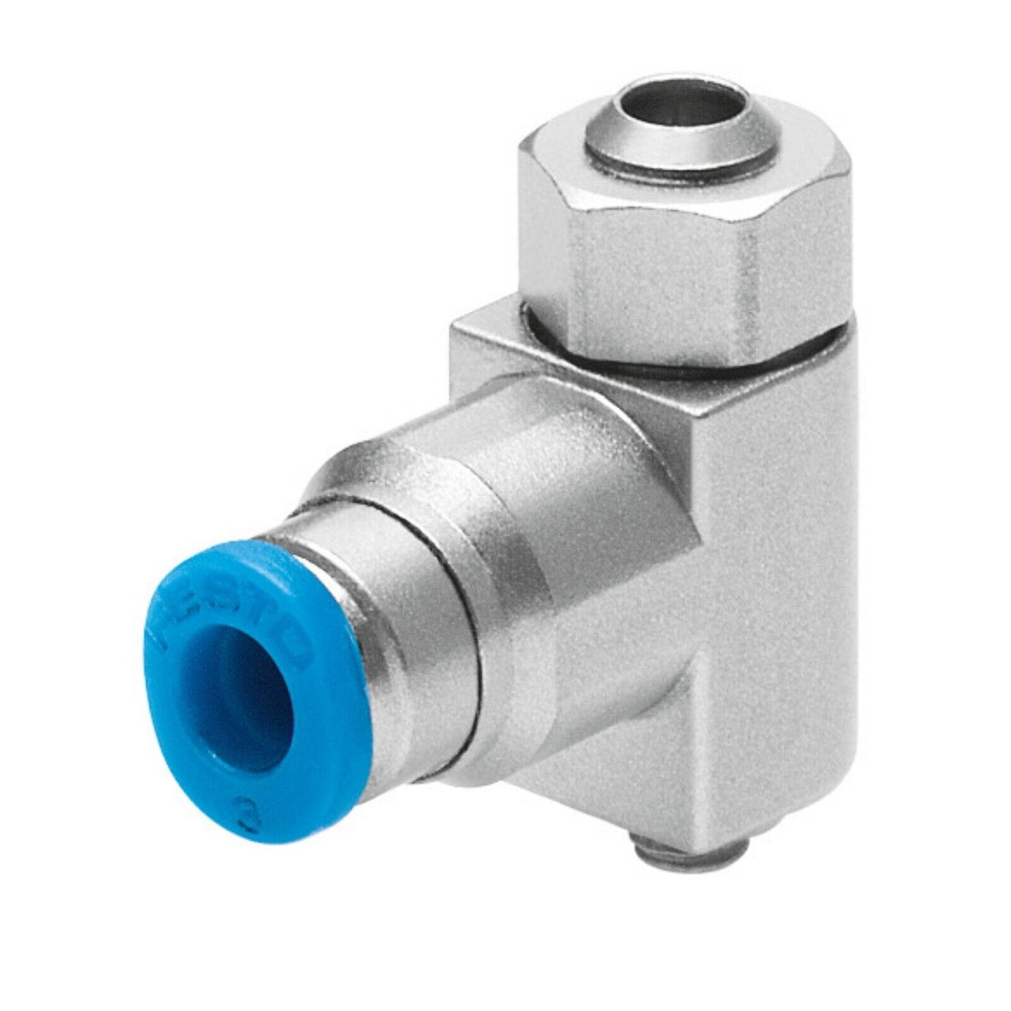 Festo GRLA-M3-QS-3 one-way flow control valve, industrial automation part, metallic with blue seal