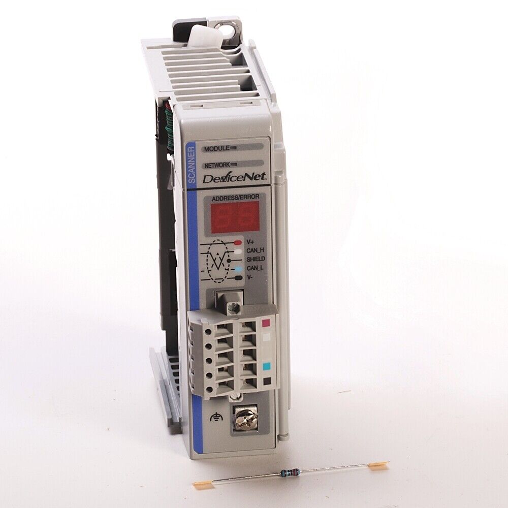 Allen-Bradley CompactLogix 8 PT Output Module, featuring DeviceNet and SCANNER labels, with input/output ports visible.