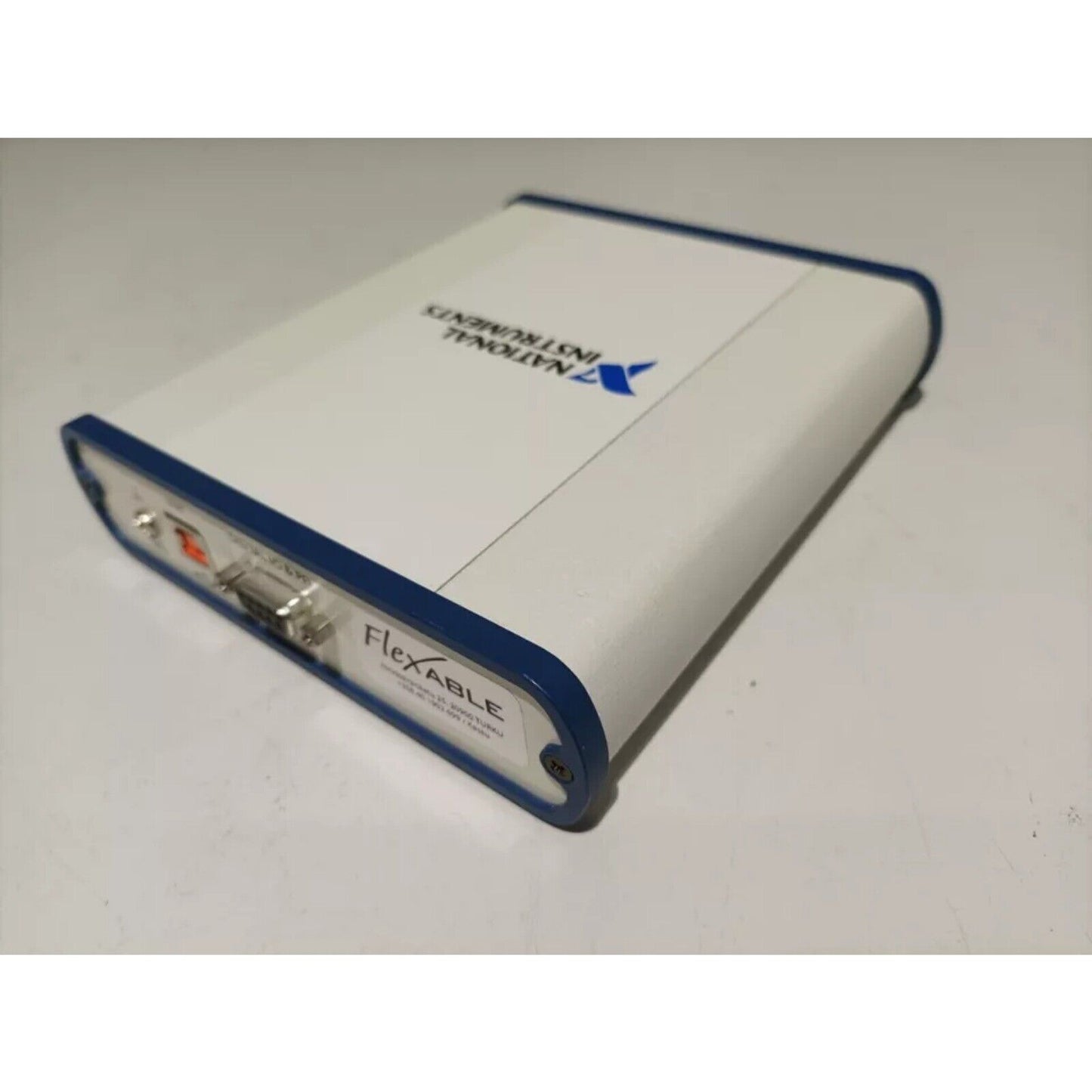 National Instruments USB-4431 data acquisition device. White and blue color, FlexABLE label.