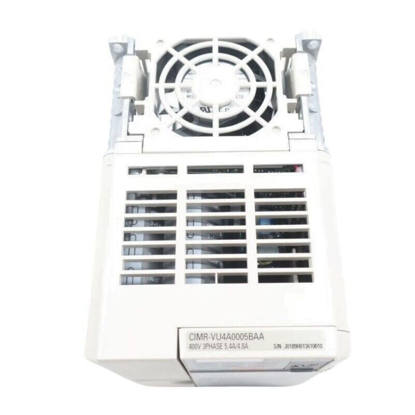 YASKAWA CIMR-VU4A0005BAA frequency inverter, industrial automation equipment, 400V 3-Phase 5.4A/4.8A, with fan and vents.