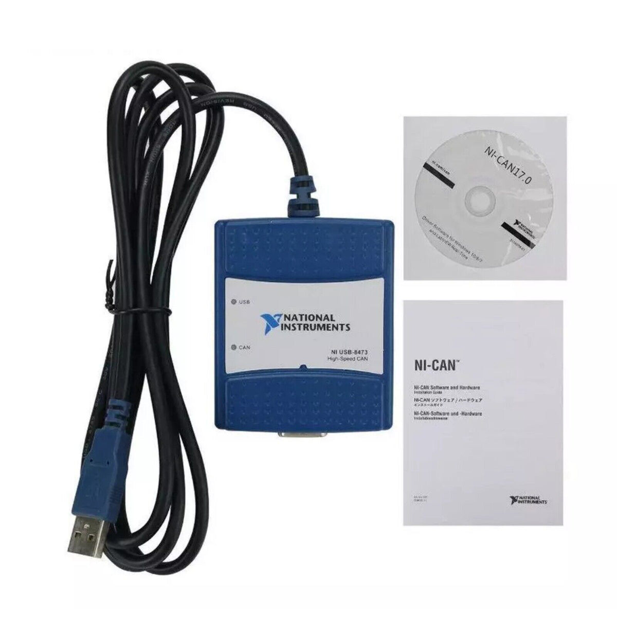 National Instruments USB-8473 High-Speed CAN Interface Device with cables and documentation.