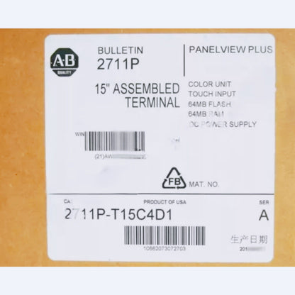 Allen-Bradley 2711P-T15C4D1 PanelView Plus Terminal, 15" Assembled Color Unit, Touch Input, 64MB Flash, Industrial Automation