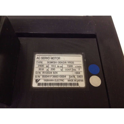 Yaskawa SGMGH-30A2A-YR35 AC servo motor. Black industrial motor with label showing specifications, Made in Japan.