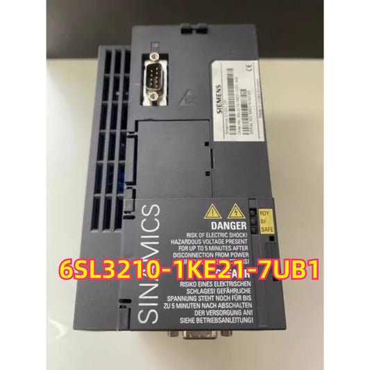 Siemens SINAMICS G120C PLC module 6SL3210-1KE21-7UB1, industrial automation part, with safety warnings.