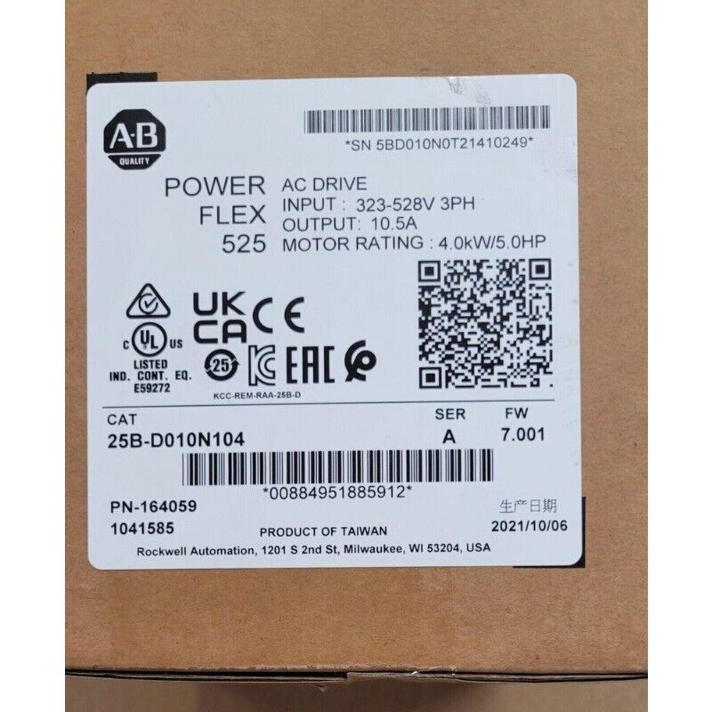 Allen-Bradley PowerFlex 525 AC Drive 25B-D010N104 label, 4kW/5HP, 10.5A output, EtherNet/IP and Modbus-TCP.