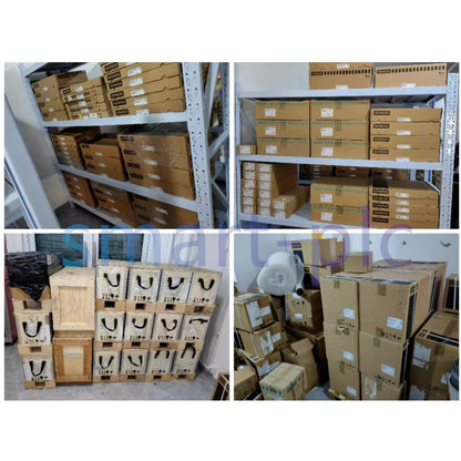 Siemens PLC modules and industrial automation parts in storage, ready for shipment, parts in boxes on shelves and pallets.
