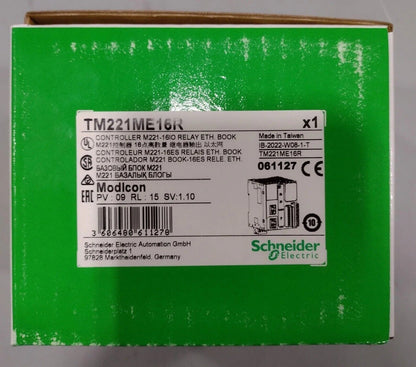 Schneider Electric TM221ME16R PLC Module, industrial automation part in box.