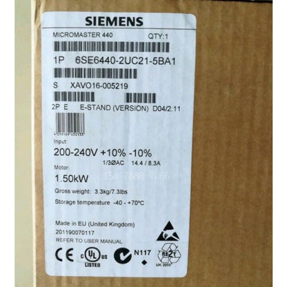 Siemens MICROMASTER 440 Drive, Model 6SE6440-2UC21-5BA1, industrial automation equipment label, 1.50kW